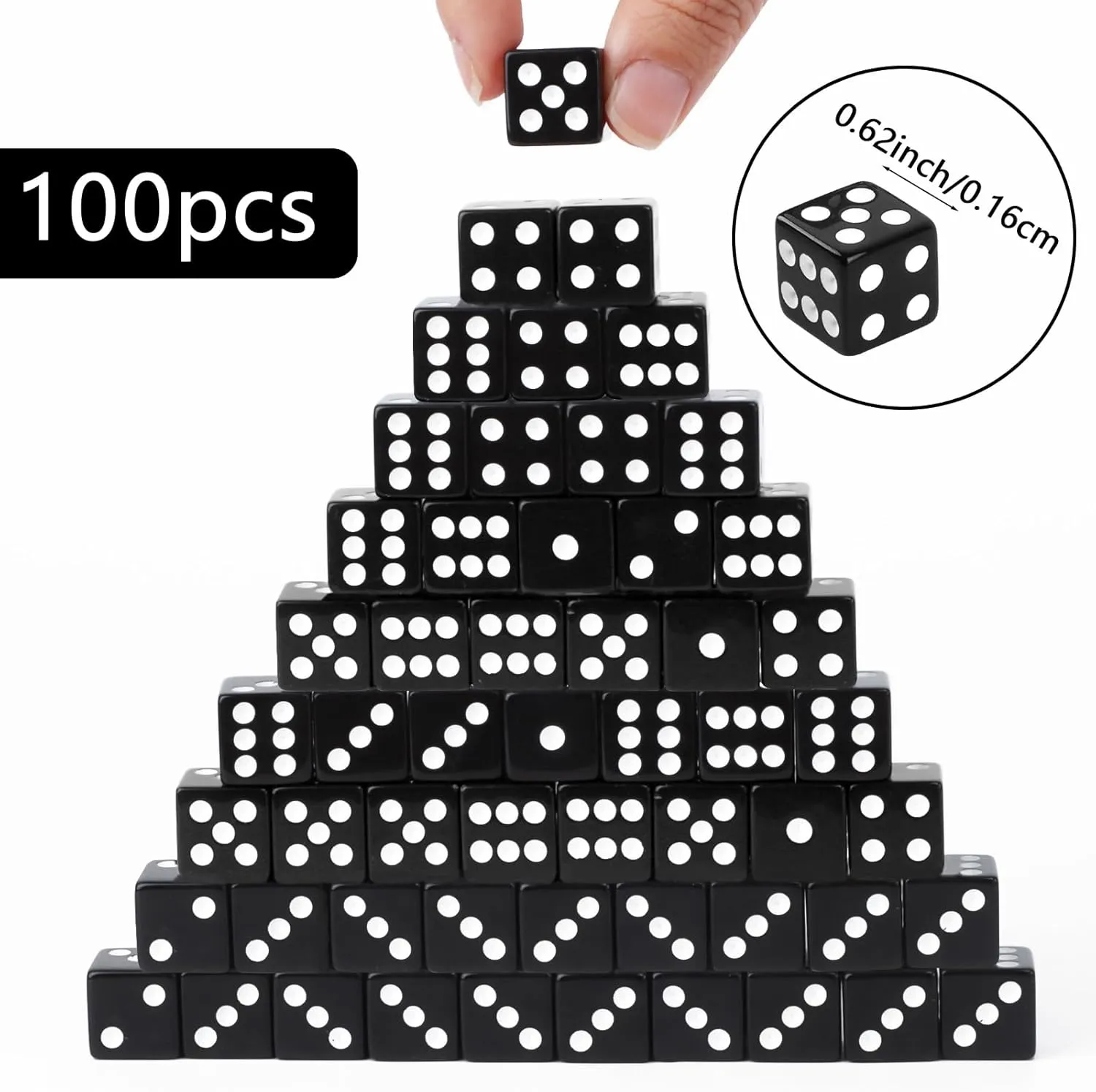 100pcs 16mm Game Bulk Dice, Black Acrylic 6 Sided Dice Set for Casino Theme Party, Casino Dice for Classroom Teaching Math Learning Family Board Games (Black, Square Corner)
