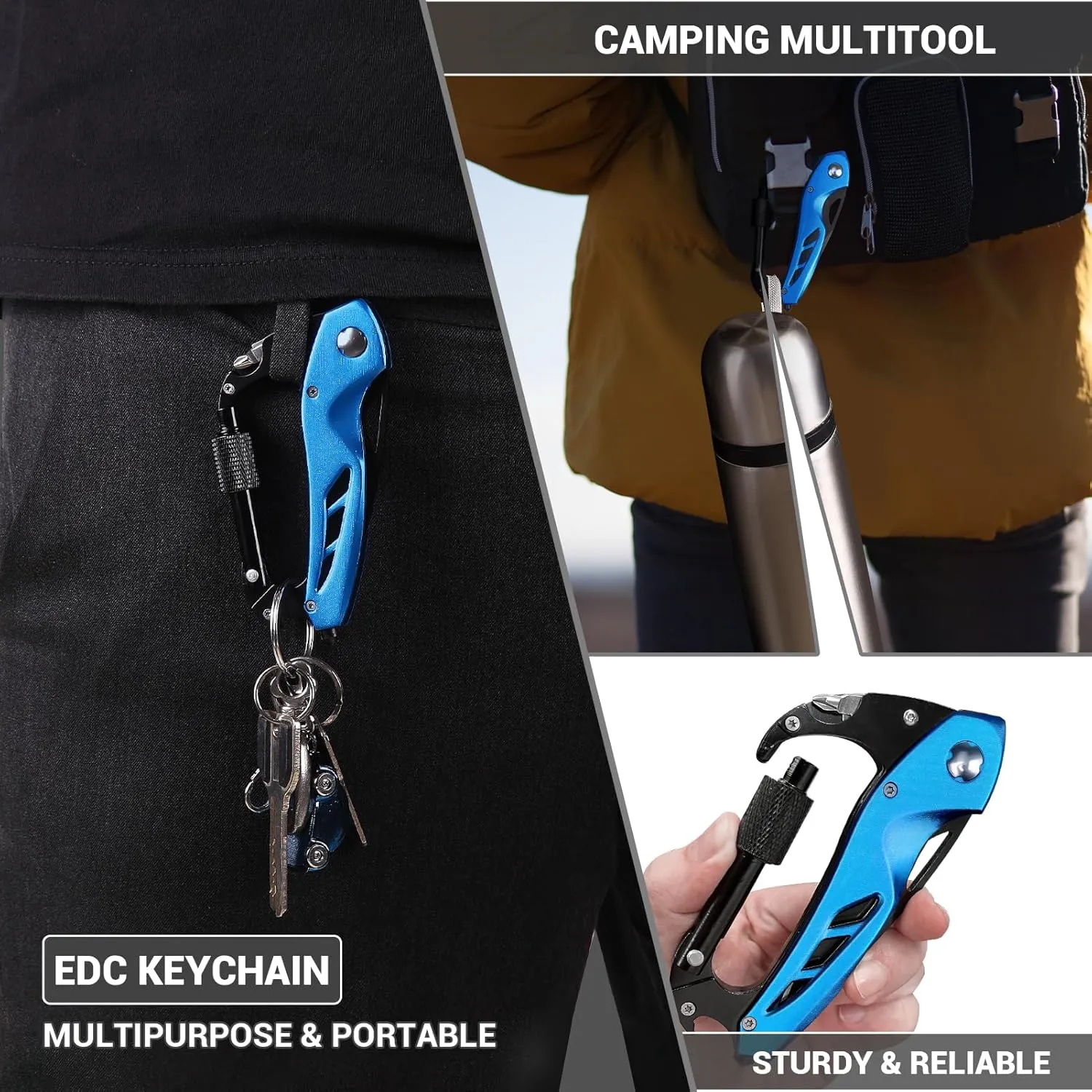 EDC Multitool Carabiner with Knife, Bottle Opener, Window Breaker and Screwdriver, Survival Knives Tools for Men Outdoor Camping (Blue)