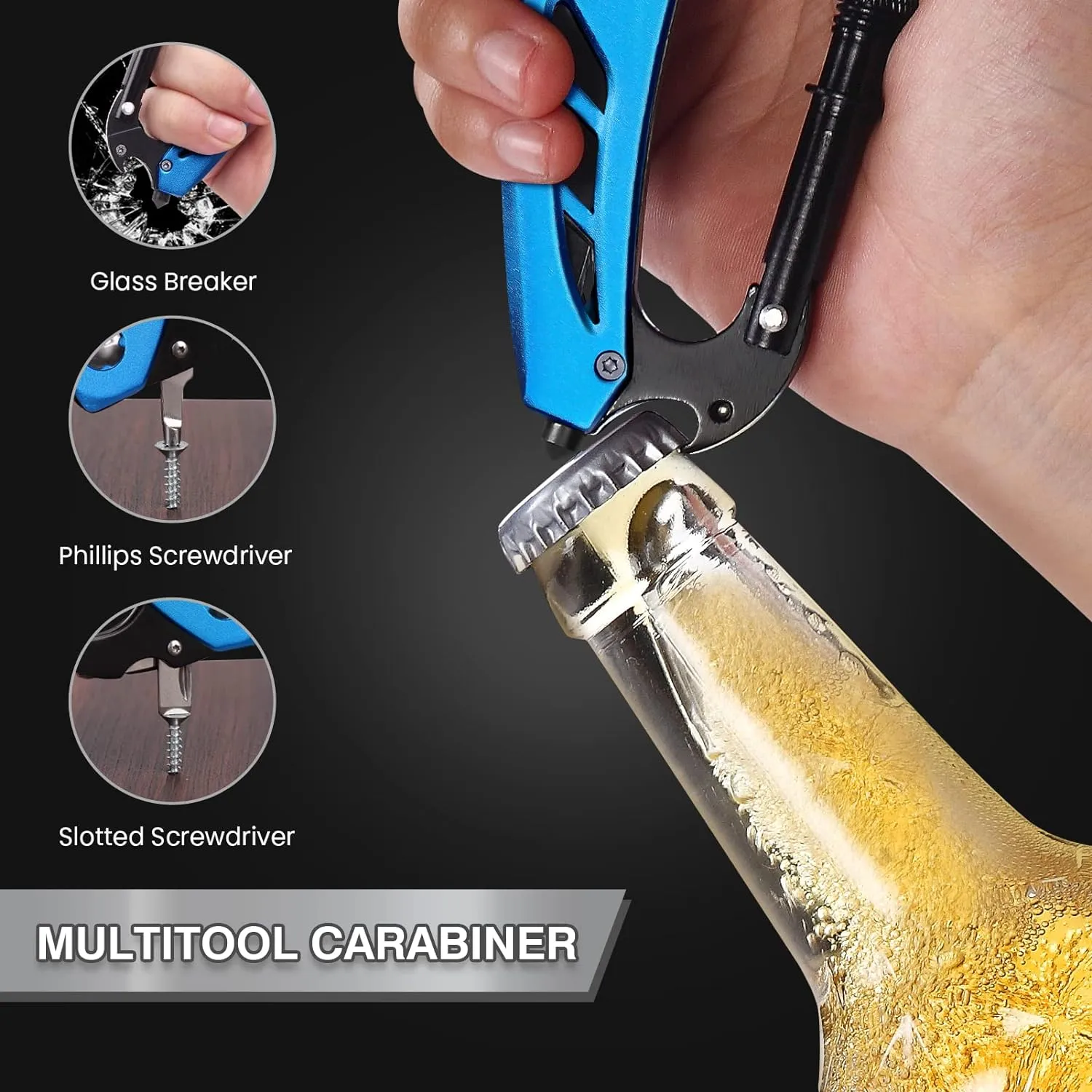 EDC Multitool Carabiner with Knife, Bottle Opener, Window Breaker and Screwdriver, Survival Knives Tools for Men Outdoor Camping (Blue)