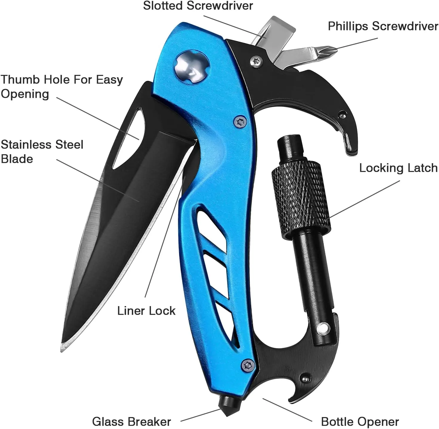 EDC Multitool Carabiner with Knife, Bottle Opener, Window Breaker and Screwdriver, Survival Knives Tools for Men Outdoor Camping (Blue)