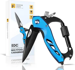 EDC Multitool Carabiner with Knife, Bottle Opener, Window Breaker and Screwdriver, Survival Knives Tools for Men Outdoor Camping (Blue)