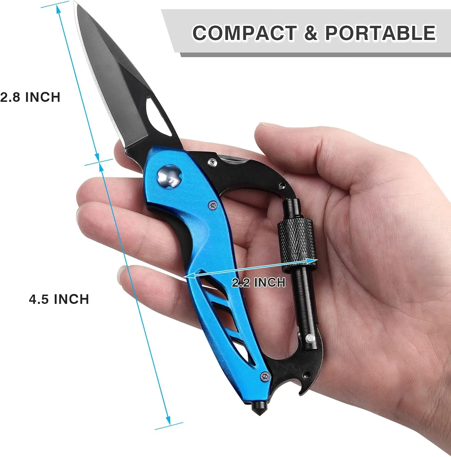 EDC Multitool Carabiner with Knife, Bottle Opener, Window Breaker and Screwdriver, Survival Knives Tools for Men Outdoor Camping (Blue)