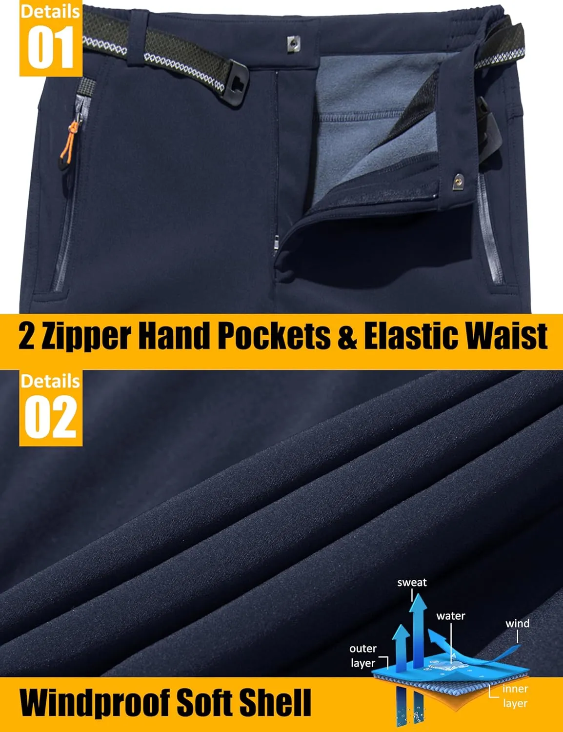 MAGCOMSEN Men's Winter Pants Fleece Lined Ski Snow Pants Water Resistant 4 Zip Pockets Outdoor Pants