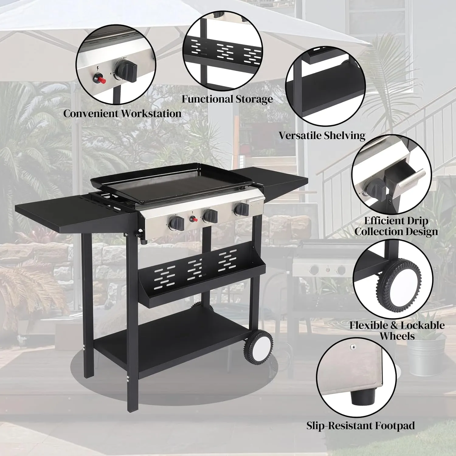 Portable Camping 3 Burner Gas Grill BBQ with Foldable Stand