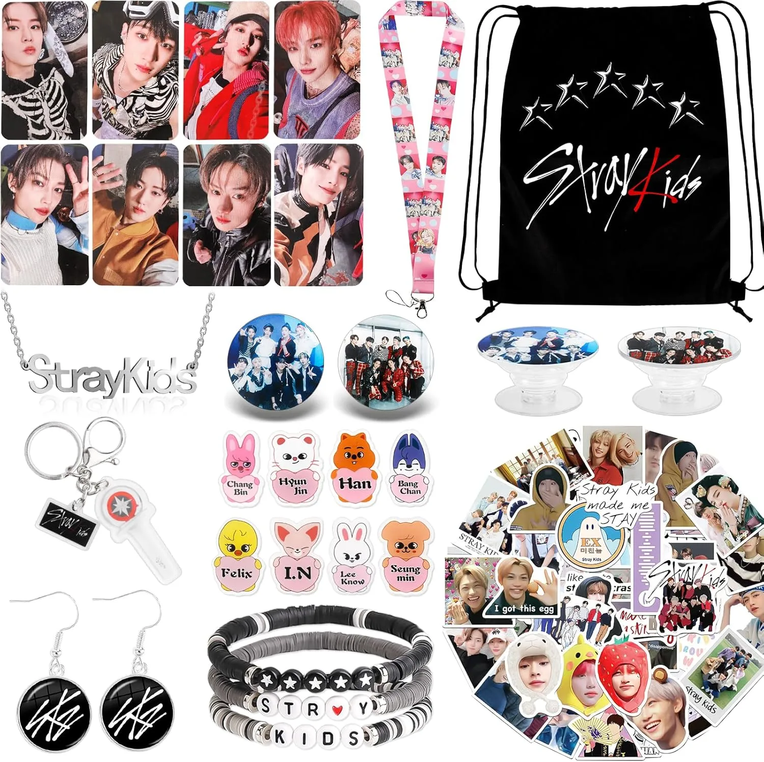 Stray Merch Gifts Set with Drawstring Bag, 8 Cartoon Badges, 50 Stickers, 8 Photocards, 3 Design Bracelet, Necklace, Earrings, Keychain, SKZ Lanyards, SKZ's Gift Merchandise for SKZ Fans