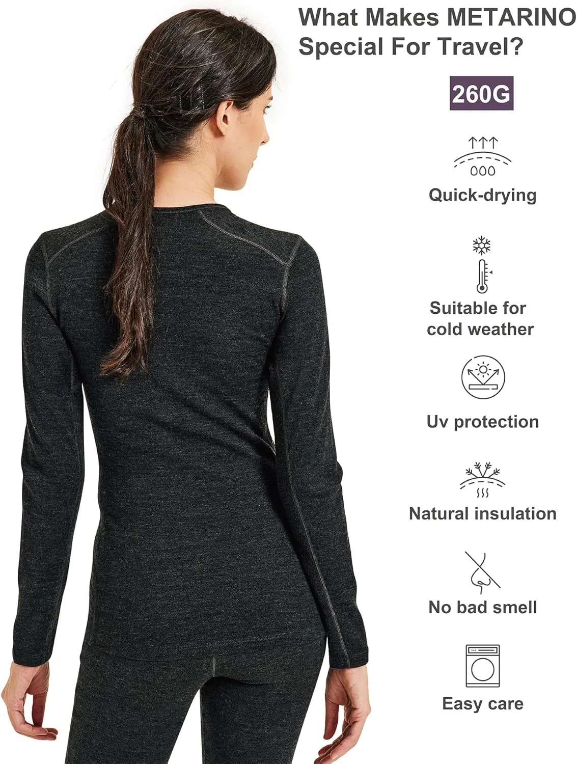 Women's 100% Merino Wool Base Layer Shirt Long Sleeve Thermal Underwear Casual Tee Tops for Hiking Travel Skiing